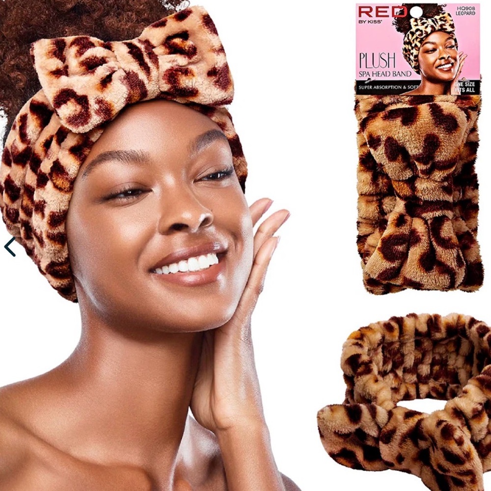 PLUSH SPA HEAD BAND BROWN LEOPARD CHEETAH PRINT ONE SIZE FITS ALL RED KISS SOFT